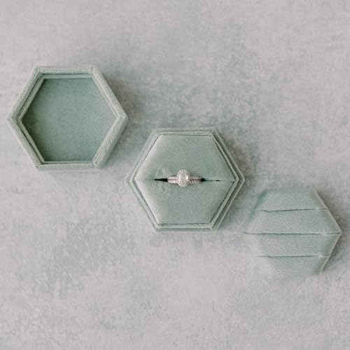 Wed & Whimsy Velvet 2-in-1 Elegant Sage Green Engagement or Wedding Day Ring Box with 3 Slots or Single Slot | Hexagon Wedding Ring Box for Ceremony or Proposal Light Green/Mist