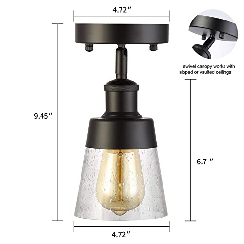 Industrial Glass Flush Mount Light Fixture Mini Clear Seeded Glass Shade Semi Flush Mount Ceiling Light For Hallway Farmhouse Kitchen Entryway, Black #TOP3