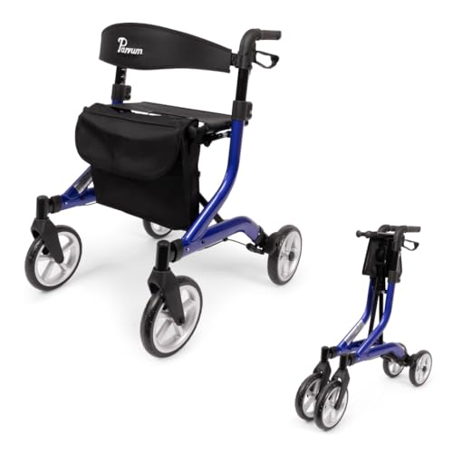 Parvum SuperLight Rollator – ultraleicht (5,1 kg), aus Aluminium, faltbar, (74 × 64 cm), mit Sitz und Rückenlehne, versteckten Bremskabeln – ideal für Alltag & Reise - Gehhilfe für Senioren - Blau
