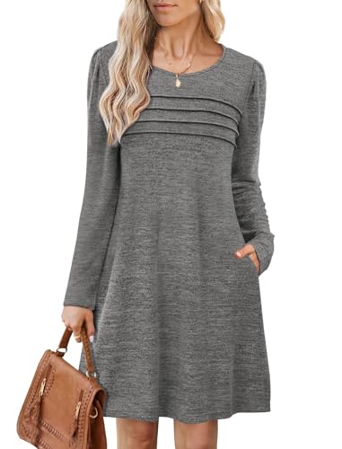 Image of OFEEFAN Womens Long Sleeve Tunic Dress Fall Fashion Sweater Dress with Pockets Pleated Front Casual Winter