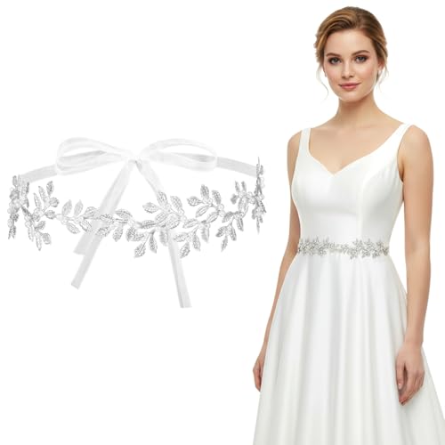 HaiFafafaing Wedding Dress Belt Rhinestone Pearl Bridal Belt with White Organza Sparkly Exquisite Silver Leaf Sash Belts for Formal Dress Special Occasion