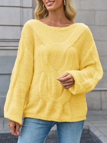 Saodimallsu Womens Off One Shoulder Sweaters Boat Neck Cable Knit Long Lantern Sleeve Loose Fall Trendy Pullover Tops4