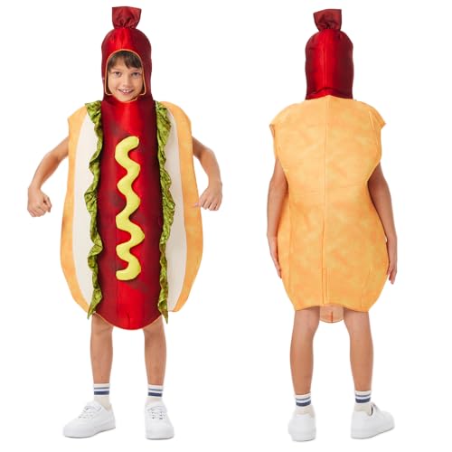 Joyincoser 3D Hotdog Kostüm Kinder Herren Maskottchen Hotdog Einteilig Essen Brötchen mit Würstchen Kostüm Für Halloween Cosplay Karneval