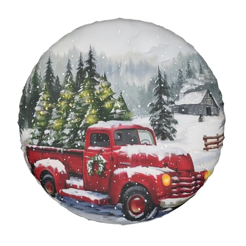 Image of Farm Christmas Red Truck Spare Tire Cover for Rv Trailer Camper- Cute Xmas Winter Waterproof Wheel Protectors Cover Universal Fit for Truck SUV Travel New Year Outdoor-15 inch