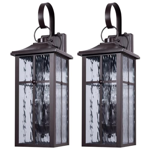 Image of 2 Pack Dusk to Dawn Outdoor Wall Lights, 23.9 inch Brown | Waterproof Exterior Lantern with Water Ripple Glass, Modern Wall Light Fixture Mounted, Large Outside Light for Garage Patio