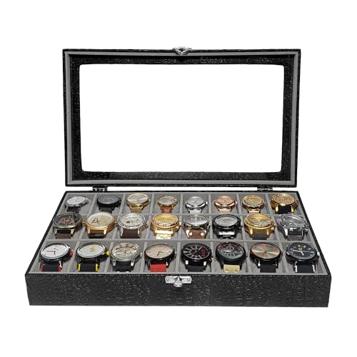 Estojo Para 24 Relógios Com Vidro Preto Com Interno Aveludado Cinza Caixa Maleta Porta Relógios