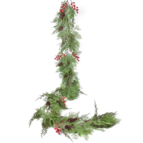 JoyHome Christmas Garland with Red Berries and Pinecones, 6ft Artificial Pine Greenery Garland for Indoor Outdoor Holiday Decor, No-Maintenance Xmas Mantle & Staircase Décor