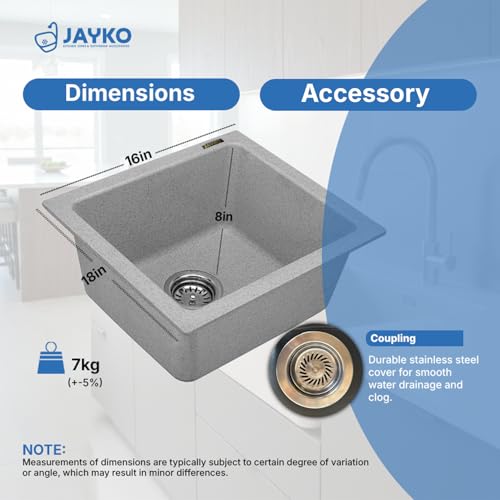 Image of JAYKO Quartz Acrylic Kitchen Sink for Modular Kitchen | Granite Finish, Scratch & Heat Resistant | Easy to Clean & Stylish Sink for Home (BR, 16x18in)