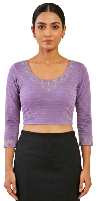 Women’s Stretchable Lycra Blouse with Embroidery Work | Readymade Designer Blouse | 3/4 Sleeve Round Neck Saree Blouse-picture-13