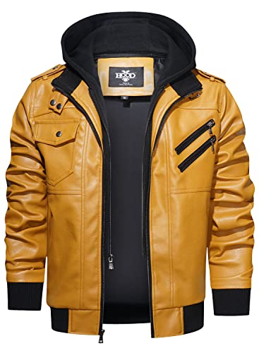 Image of HOOD CREW Men's Casual Stand Collar PU Faux Leather Zip-Up Motorcycle Bomber Jacket With a Removable Hood