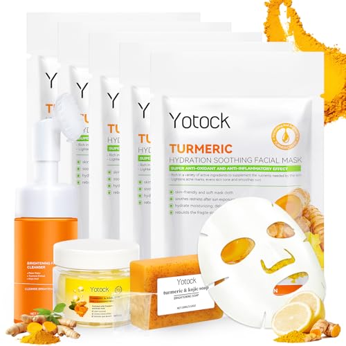 Yotock Turmeric Skin Care 4-Piece Set – Turmeric Face Wash with Brush, Tumeric Lemon Soap, 60 Pcs Tumeric Cleansing Pads and 5 Pcs Extracts Mask – Skincare Kit for Women Gifts