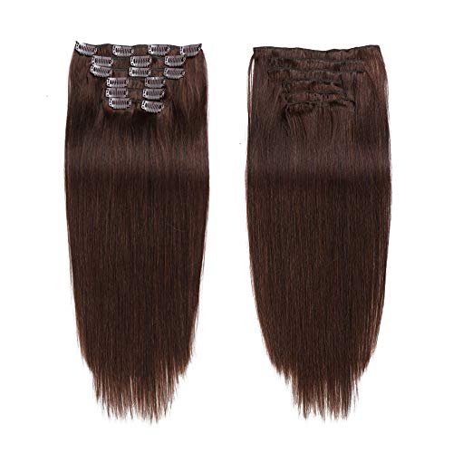 14''-70g #2 Dark Brown Clip in Human Hair Extensions Full Head 7 pcs 16 clips Double Weft Remy Human Human Hair Clip in Extensions for Women