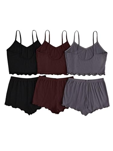 GORGLITTER Women's 6 Piece Pajama Set Frill Trim Cami Crop Top with Elastic Waist Shorts2