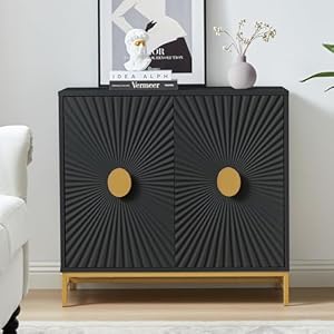 Storage Sideboard Cabinet with Blister Doors Luxury Buffet Kitchen Cabinet with Adjustable Shelves Accent Cabinet White Console Table for Living Room Hallway 1 Black