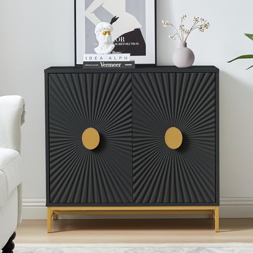 Storage Sideboard Cabinet with Blister Doors Luxury Buffet Kitchen Cabinet with Adjustable Shelves Accent Cabinet White Console Table for Living Room Hallway 1 Black