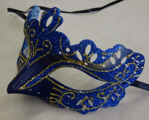 The Good Life LADIES SPARKLING BLUE AND GOLD RIALTO VENETIAN MASQUERADE CARNIVAL HALLOWEEN MASKED BALL PARTY EYE MASK RIBBON TIES - Image 2