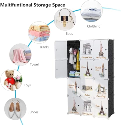 Image of KRISHYAM Portable Closet Wardrobe Cube Wardrobe for Hanging Clothes, Modular Cabinet for Space Saving, Ideal Storage Organizer Cube for Books, Toys, Towels (Tower Print)