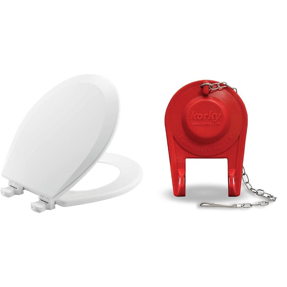 BEMIS 500EC 390 Toilet Seat with Hinges 1 Pack Bundle with Korky 100BP Ultra High Performance Flapper Fits Most Toilets 1 Pack