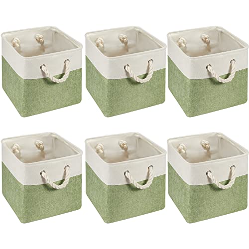 Image of Geiserailie 6 Pcs 11 x 11 Inch Cube Storage Bins Fabric Storage Organizer Bins Foldable Cube Baskets with Sturdy Carry Handles Wicker Baskets for Home (Green,White)