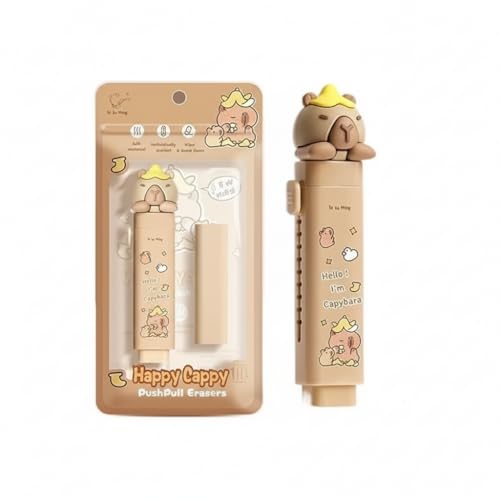Image of Parshya Capibara Push-Pull Eraser with Retractable Refill - Cute Happy Cappy Novelty Kawaii Stationary for School Kids & Office Supplies