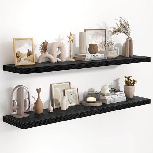 55 Inch Long Floating Shelves for Wall Set of 2, 55x9.3 Large Floating Shelf for Bedroom, Kitchen, Bathroom, Wall Mounted Rustic Wood Shelves with Invisible Bracket for Books, Decor, Black