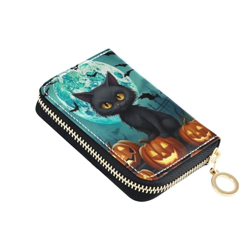Halloween Pumpkin Black Cat Credit Cards Holder Purse for Women with Zipper,Leather Business Card Wallets for Ladies202a0592
