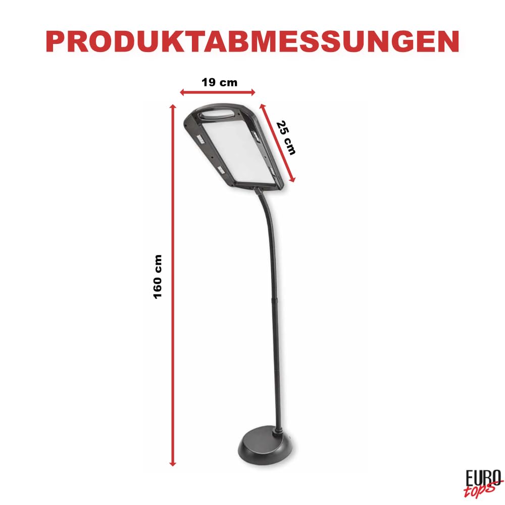 EUROtops Lupa LED maxi con soporte, aumento de 3 veces, campo de visión XXL, ayuda de lectura flexible con iluminación LED, altura ajustable hasta 160 cm, ideal para lectura y manualidades