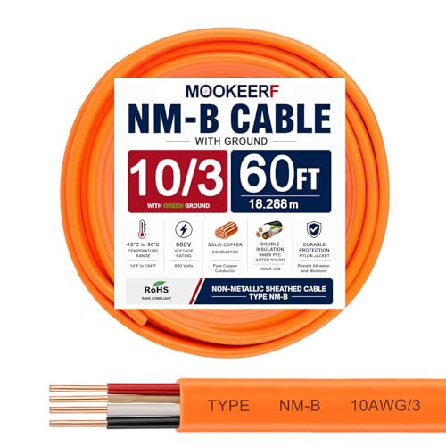 Image of 10 /3 Wire with Ground - 60FT 10 Gauge NM-B Non-Metallic Sheathed Cable 100% Pure Copper 10 AWG 3 Conductor Residential Indoor Wire for Outlets, Switches, Other Loads and Lighting Wiring Projects etc.