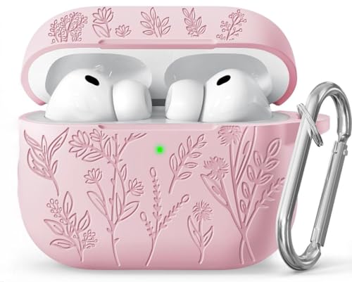 Image of Meyaar Silicone Case for AirPods Pro 3 Floral Embossed, Flower Engraved Soft Silicone Cover with Keychain, Anti-Scratch, Shockproof Protective Case Cover (Pink, for AirPods Pro 3 (2025))