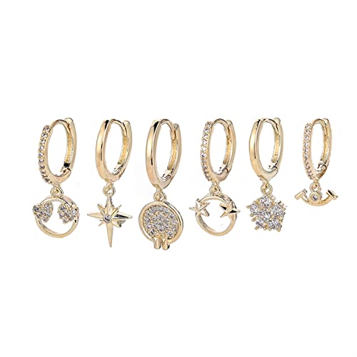 CNCDNALK 6-teiliger Silber Zirkon Schneeflocke Stern Hohl Runde Hoop Ohrringe for Frauen Cover