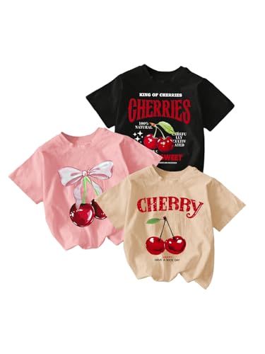 Image of RoseSeek Girl's Shirts 3 Packs Star Butterfly Graphic Tees Crew Neck Short Sleeve T Shirt Casual Tops