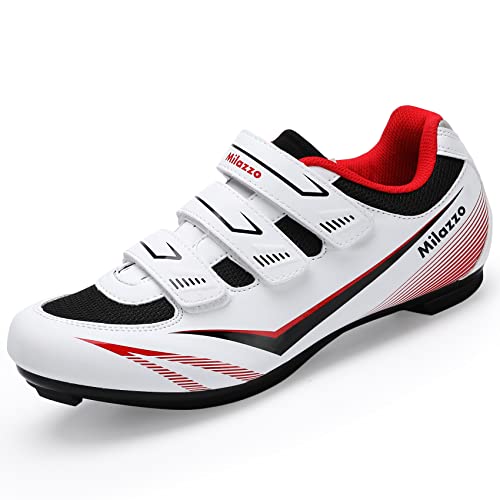 Milazzo Mens Cycling Shoes, Compatible with Look Delta Cleats and SPD Peloton Bike Shoes for Men Lightweight and Breathable Indoor Riding Size 11 White/Red