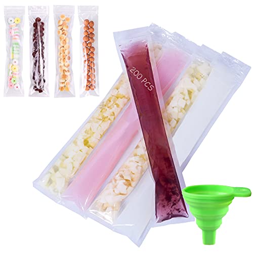 200 Pcs Wassereis Tüten Eisformen Eis am Stiel Taschen Wegwerf Eis Pop Form BPA Frei Mit Siegel Popsicle Hersteller DIY Flüssigkeitsdiät Joghurt Sticks Frucht Smoothies Mit Trichter(5 x 28 cm) Cover