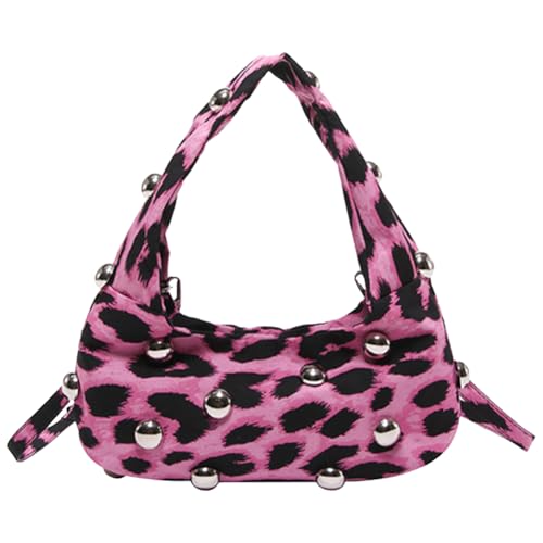 Lovehomily Bolso de hombro con estampado de leopardo con tachuelas y correa ajustable con remaches de leopardo, bolso de mano con tachuelas, bolso para mujer al aire libre (rosa rojo)