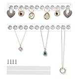 Tamaño ideal: hay 2 organizadores de joyas de montaje en pared en cada paquete. Longitud: 13,4 pulgadas, ancho: 1,4 pulgadas, altura: 0,62 pulgadas, espacio entre ganchos: 0,4 pulgadas, hay suficiente espacio para colgar diferentes tipos de collares.