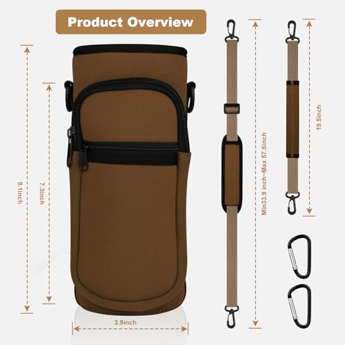 Image of Water Bottle Holder with Strap, Water Bottle Carrier Bag with Phone Pocket, Shoulder Hand Strap Insulated Neoprene 32 oz Water Bottle Sleeve for Walking Hiking Camping Gym(Coffee)