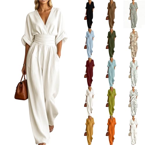 Mono Mujer Elegante Pierna Ancha V Cuello Media Manga 3/4 Cintura Entallada Bolsillos Liso Verano Fiesta Boda Ceremonia Trabajo Oficina Casual Moda Palazzo Largo Cómodo Ligero Transpirable