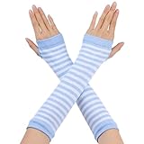 Allegra K Women's Fingerless Gloves Printed Elbow Length Knitted Arm Warmers Light Blue White One Size