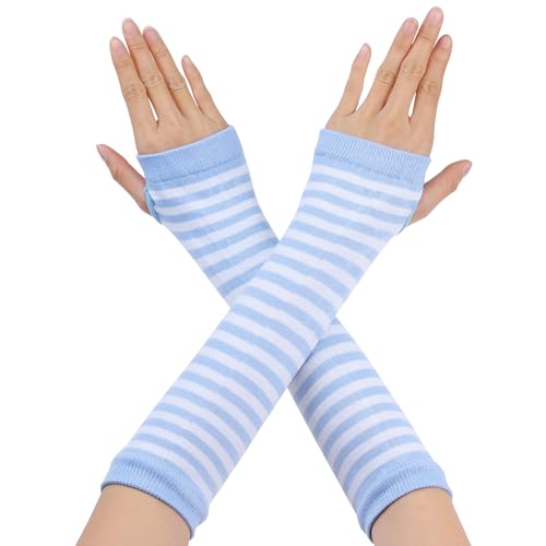 Allegra K Womens Fingerless Gloves Printed Elbow Length Knitted Arm Warmers One Size Light Blue White
