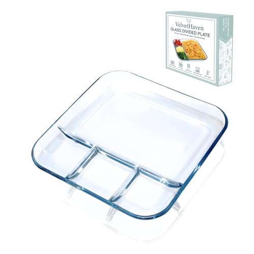 Glass Divided Plates for Adults, 4 Compartment Sectioned Dinner Plate, 10 Inch Durable Thick Glass Portion Control Plate, Microwave & Dishwasher Safe, Healthy Meal Serving Tray, Gift Box Included