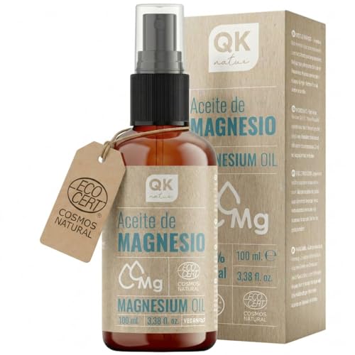 QKnatur - Aceite de magnesio Spray 100% Puro (100 ml) Botella de vídrio + dosificador spray - Para deportistas, articulaciones, relajación muscular, sueño, pies