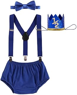 IBTOM CASTLE Baby Boy 1/2 Birthday Cake Smash Outfit Diaper Cover Suspenders Bow Tie Crown Gentlemen Boys Suits Half Way To One Birthday Baby Shower Newborn Photography Clothes Set