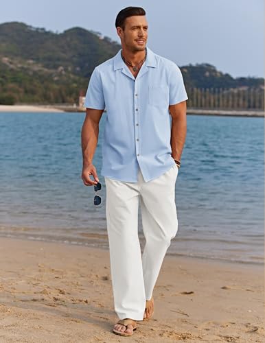 Image of COOFANDY Men 2 Piece Linen Outfit Beach Button Down Shirt Casual Loose Pant Sets