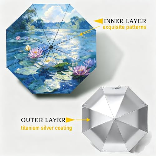 Image of SIEPASA Compact Travel Umbrella - Windproof Auto Open /Close, Small Folding Umbrella for Rain & Sun with UPF50+ - Lightweight Frame, Waterproof - Fits Backpack, Purse, Suitcase.(Silver /Water Lily)