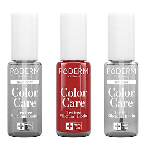 PODERM Lot 3 Soins Vernis Complet avec Base Top Coat et Rouge Allure