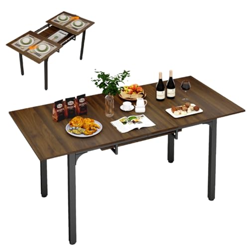 YU YUSING Table Salle à Manger Extensible 110-149cm en Bois Marron avec Rangement, Table de Cuisine en Bois avec Rallonge, pour 4-6 Personnes, Cadre Métallique Robuste, Petit Espace, Marron Rustique