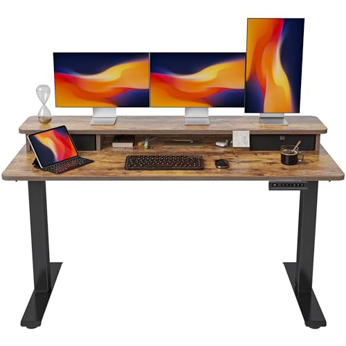 Image of FEZIBO 63 x 28 Inch Deeper Height Adjustable Electric Standing Desk with Double Drawers, Sit Stand Up, Home Office Computer Desk with 4 Height-Adjustable Feets & 2 Hooks, Black Frame /Rustic Brown Top