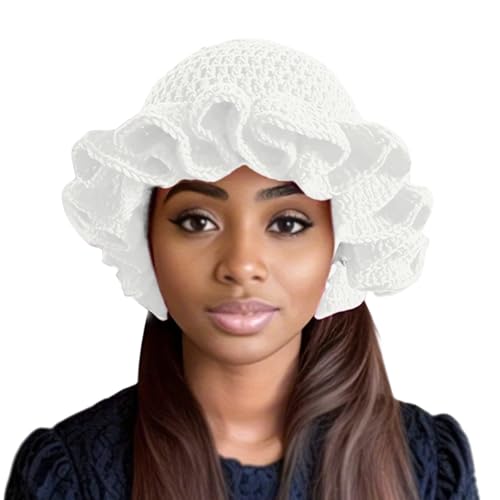 Image of Women Crochet Bucket Hat Cute Winter Ruffled Brim Floppy Cap Handmade Knit Cloche Hats