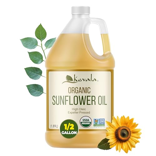 Kevala Organic Sunflower Oil - Oil for Cooking and Baking Processed in a Facility Free of Tree Nuts and Peanuts, Good Carrier for Essential Oils, Kitchen Pantry Staple for your Home, 64 fl oz, 1/2 gal