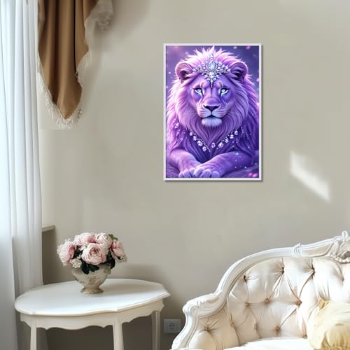 Image of AiYuanzsh 5D Diamond Art Kits for Adults, Fantasy Purple Lion Diamond Painting Kits for Beginners, DIY Full Drill Round Rhinestone Gem Art Crafts Paintings for Home Wall Decor 12 x 16 inch